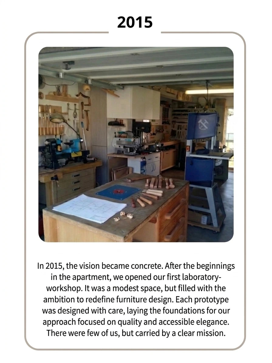 Small artisanal furniture workshop with woodworking tools and prototypes, showcasing early handmade furniture design and craftsmanship