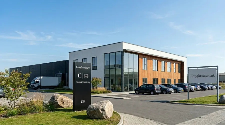 Modern furniture showroom and headquarters building, contemporary office and retail space for premium furniture brand