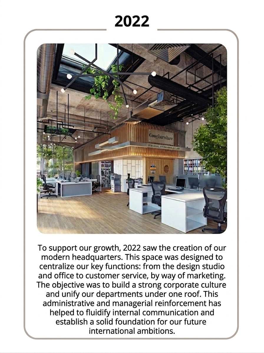 Contemporary office headquarters with open workspace, furniture design company environment and collaborative workspace
