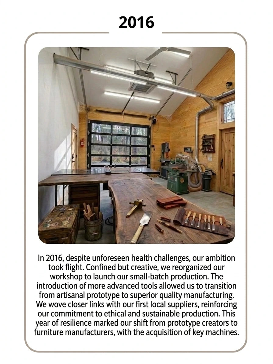 Modern woodworking studio with professional tools and solid wood workbench, highlighting small-batch furniture manufacturing and sustainable craftsmanship