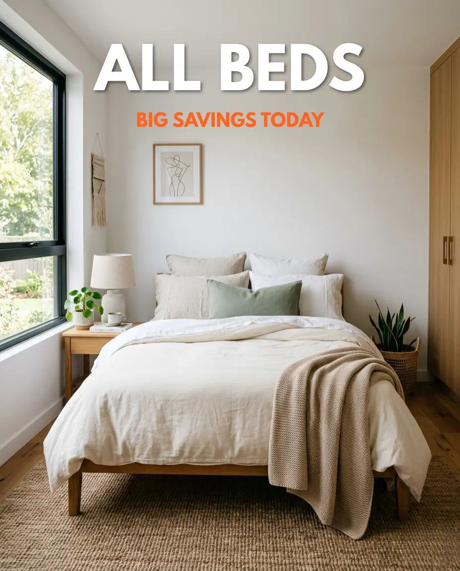 modern wooden bed frame with cozy bedding, minimalist bedroom furniture design with natural materials and warm aesthetic